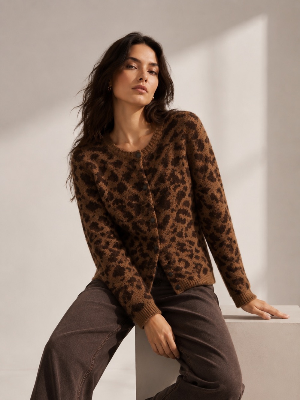 La maille Sezane | M | Women's Brown Leopard Print Knit Cardigan Sweater